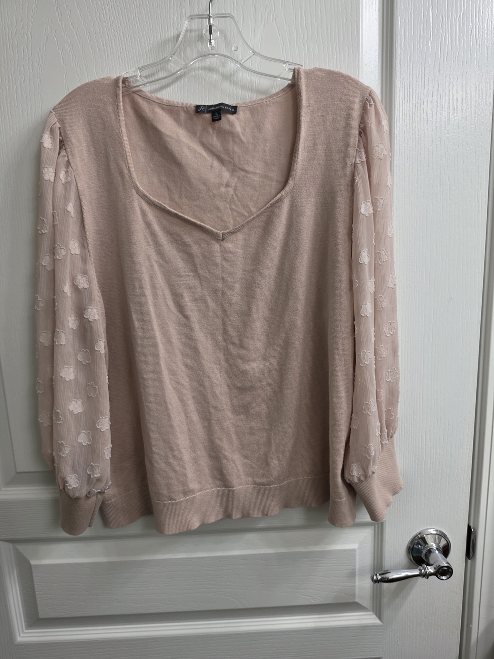 Adrianna Papell Blush Knit Pullover with Sheer Swiss Dot Embroidered Sleeves